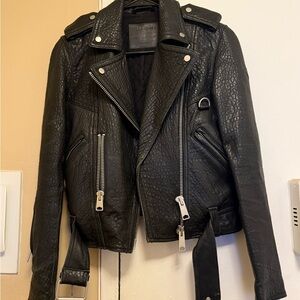 All Saints Black Leather Biker Jacket with Silver Accents